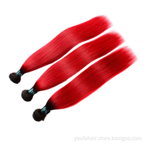 Peruvian Remy Virgin 100% Human Hair Pre Colored 1b/red Ombre Two Tone Straight Bundles Hair Extension Weave with Lace Closure